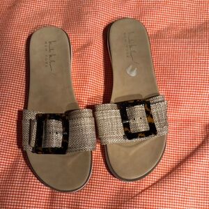 Nicole Miller Cream and Brown Sandals with Square Buckle